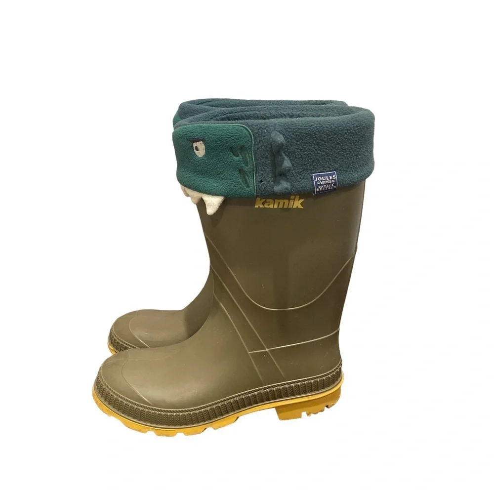 Kamik rain boots olive/yellow size 3 and joules welly socks Dino green